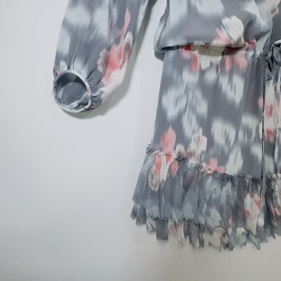 Rebecca Taylor Silk Floral Ruffle Hem Dress Gray Pink Tie Waist Long Sleeve 100% - Picture 4 of 15